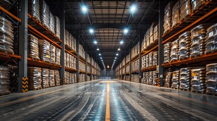 Expansive warehouse storage area filled with neatly stacked pallets during evening hours in a commercial distribution center
