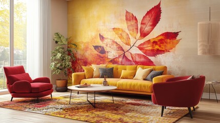 A living room with a red chair, a yellow couch, and a coffee table