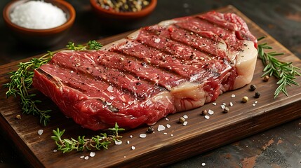 A raw T-bone steak on a weathered wooden board, with fresh thyme, sea salt, and peppercorns scattered around, side lighting creating dramatic contrasts, deep earthy tones,