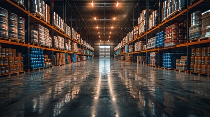 Fototapeta premium Large industrial warehouse interior filled with stacked pallets and barrels in a well-lit environment at night