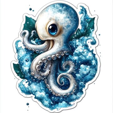 recommend clip art: Cute Cartoon Octopus in Blue Water with Bubbles