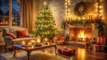 Cozy festive living room with twinkling Christmas tree, snowflakes, and candles, set for holiday celebration with decorated table, gifts, and warm crackling fireplace.
