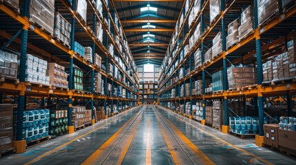 Empty warehouse aisle filled with pallets and stacked goods under bright overhead lights