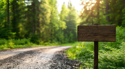 Sunlit gravel forest path with a blank wooden sign, surrounded by lush green trees and plants, during a serene summer morning.