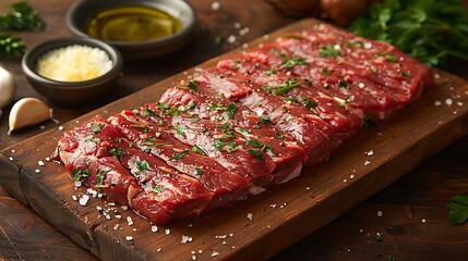 Obraz premium Close-up of a raw flank steak on a wooden wooden board, garnished with fresh parsley, garlic cloves, and olive oil drizzles, side lighting highlighting the marbling and textures,