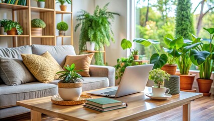 Fototapeta premium Cozy living room setup with laptop, books, and refreshing green plants, ideal for relaxation and productivity during a quiet stay-at-home quarantine period.