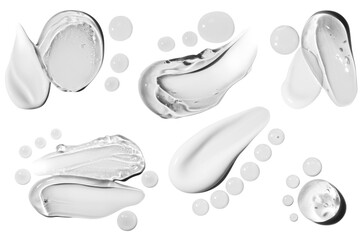 set of smears of transparent cosmetic gel and drops. On an empty background.