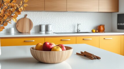 A kitchen with a wooden bowl of apples on a counter