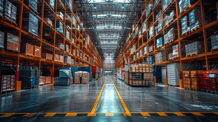 A busy warehouse interior with organized shelves and pallets during daylight showcasing inventory management