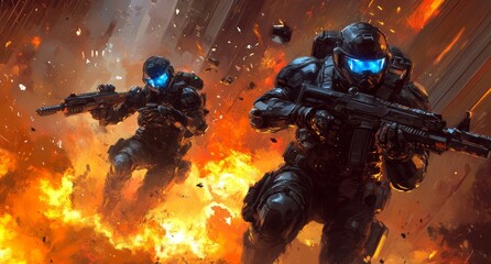 With heroic characters and dynamic explosions and combat, this video game key art is dramatic and exciting.