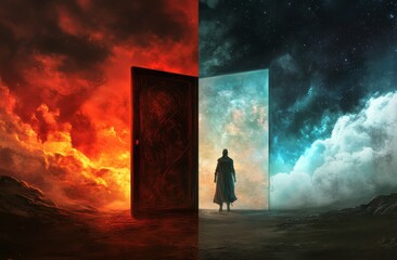 Imaginative generative AI digital illustration of two futuristic worlds in red and blue.