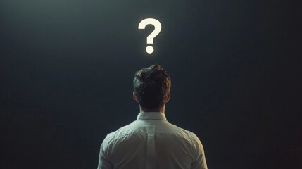 Man in White Shirt Contemplating a Floating Question Mark