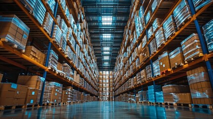 Fototapeta premium Aerial view of a large warehouse filled with neatly stacked boxes and shelving during daylight hours