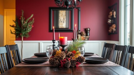 A table with a red wall and a Christmas tree in the background