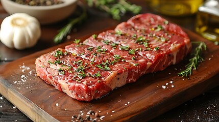 Obraz premium Close-up of a raw porterhouse steak on a wooden wooden board, garnished with a mix of herbs, garlic bulbs, and olive oil drizzles, side lighting highlighting the marbling and textures,