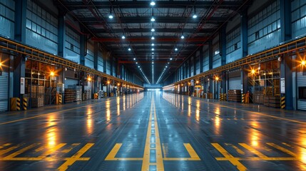 Fototapeta premium Spacious industrial warehouse with bright overhead lights and clear reflections on the polished floor in the evening