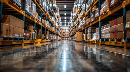 Fototapeta premium Aisles of neatly stacked boxes in a large warehouse during bright daylight hours