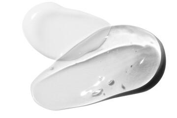 Strokes of white cream and transparent gel in the form of a composition. On a blank background.