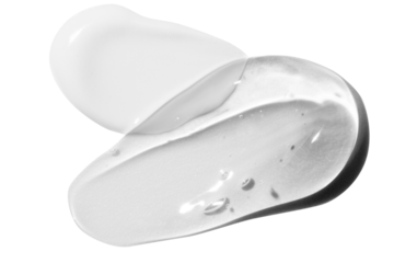 Strokes of white cream and transparent gel in the form of a composition. On a blank background.