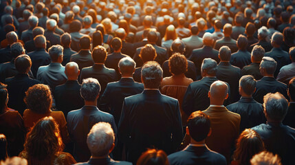 Obraz premium Large crowd of people, businessmen, rear view, sitting at a collective event, meeting. The image conveys unity, solemnity and collective purpose.
