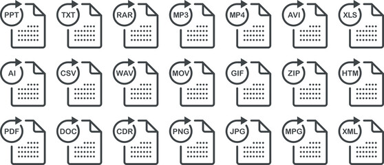 Document file type format icon set in line style.Popular files format and document in flat style design File format extensions simple symbol sign for apps and website, vector illustration.