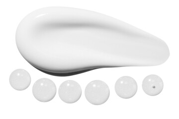 Strokes of white cream and transparent gel in the form of a composition. On a blank background.