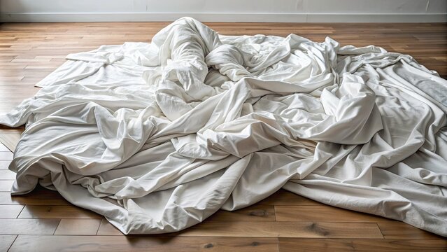 Crumpled and torn white bed sheet lies discarded on floor, revealing a tangled mess of wrinkles and creases, symbolizing chaos and disarray in personal space.