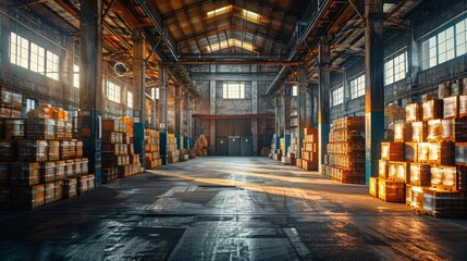 Fototapeta premium Interior view of a large warehouse filled with stacked crates and wooden barrels illuminated by warm sunlight during the afternoon