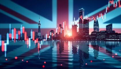 UK economic crisis. United Kingdom flag or Forex for analyzing profit finance business trend data (2)