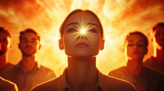 individuals with emotionless faces transfixed by a brilliant pulsating light, showcasing mind control and suggestive power