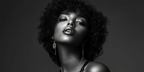Fototapeta premium Portrait of a woman with curly hair posing confidently in black and white