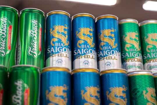 Ho Chi Minh City, Vietnam - July 25, 2024: a close-up of rows of lager beer Bia Saigon Chill in cans in a store.