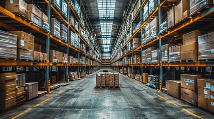 Fototapeta premium Spacious warehouse interior lined with stacked boxes and pallets during daytime