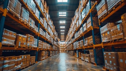 Fototapeta premium A vast warehouse filled with shelves stacked high with neatly organized boxes during bright daytime