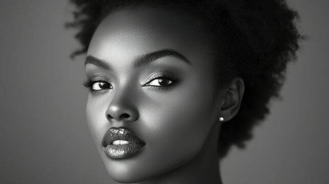 Portrait of a young woman with natural hair in black and white