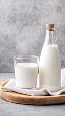 Two glass bottles filled with fresh milk and a small bowl of milk rest on a wooden board covered by a kitchen towel, creating a calm and inviting kitchen atmosphere