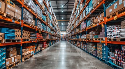 Wide view of a modern warehouse aisle filled with neatly stacked boxes and shelves, showcasing organized storage solutions