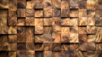 Obraz premium Wooden wall panel made of square blocks with intricate grain patterns.