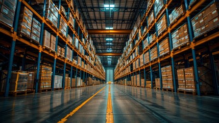 Busy warehouse interior filled with stacked boxes and organized shelving in a large distribution center during daylight hours