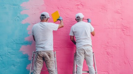 Obraz premium Two painters, dressed in white uniforms, are working together to paint a wall with a striking two-tone color scheme, using blue and pink paint on their ladders.