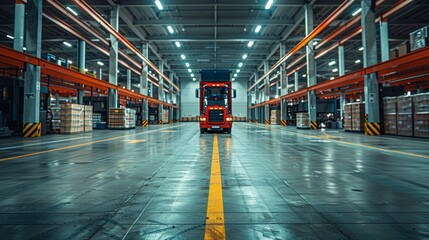 A red truck parked in a large industrial warehouse with organized shelves and bright overhead lighting at dusk