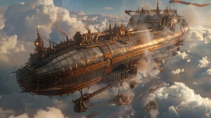 A giant steampunk airship soars above the clouds, with smaller airships trailing behind.