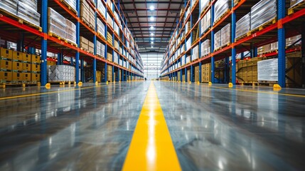 A spacious warehouse interior showing organized shelves and a clear pathway for efficient logistics operations