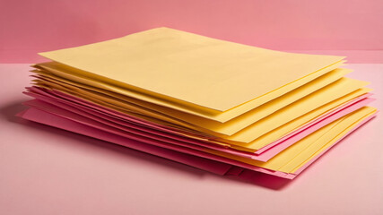 A stack of sheets of yellow and pink paper on a pink background