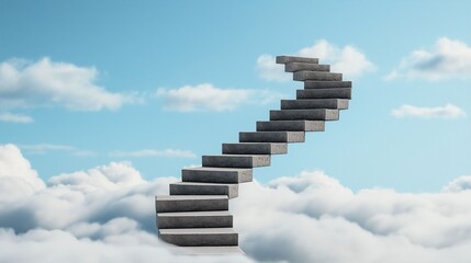 Stairway to Success: A concrete staircase rises through the clouds, symbolizing a path to growth, achievement, and limitless possibilities. The image evokes a sense of ambition, perseverance, and the 