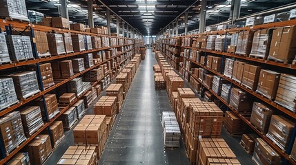 Fototapeta premium An expansive warehouse filled with neatly stacked boxes and pallets, reflecting an organized storage system during daytime operations