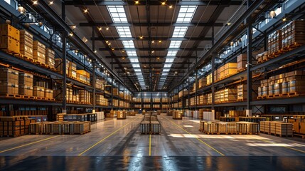 Fototapeta premium A spacious modern warehouse filled with neatly stacked pallets under bright overhead lighting during midday