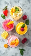 Four vibrant fruit smoothies in clear glasses showcase a blend of colors and flavors, ideal for a health-conscious snack or dessert