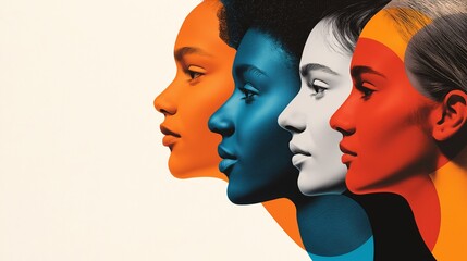 Colorful Diversity: A powerful and striking image of four diverse women with colorful faces, symbolizing the beauty and strength of individuality and inclusion. Their profiles are arranged in a row