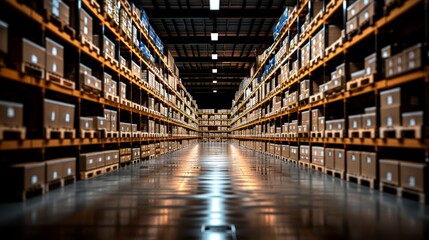 Large warehouse interior displaying neatly organized shelves filled with stacked boxes in a bright, spacious environment during daylight hours